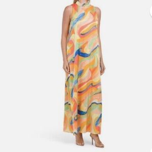 Nicole Miller NWT Abstract Orange Green High Neck Satin Maxi Dress Size S
